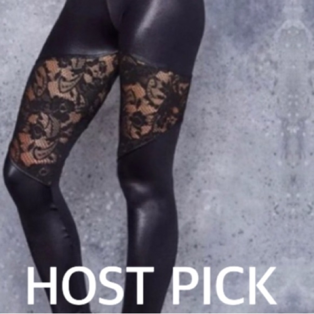 Sexy Vegan Leather flower Lace mesh Black Pants